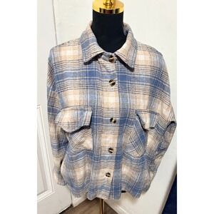 Active USA Blue Tan Plaid Wool Blend Shacket Button Front Jacket Large J12525